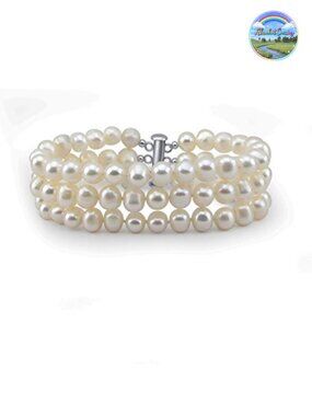 3-Row Freshwater Cultured Pearl Bracelet, Rhodium Plated Base Metal Clasp, 7.5